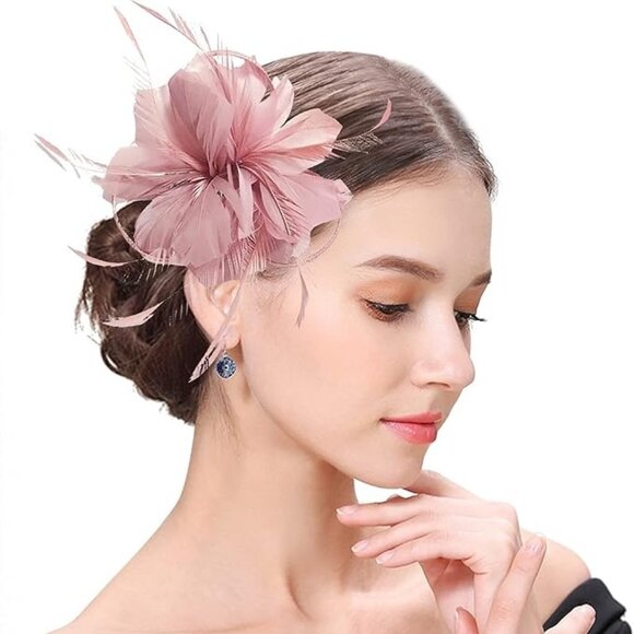 ELLYDOOR Accessories - ELLYDOOR Fascinator Hat Feather Flower Pink Nude Hair Clip Headwear